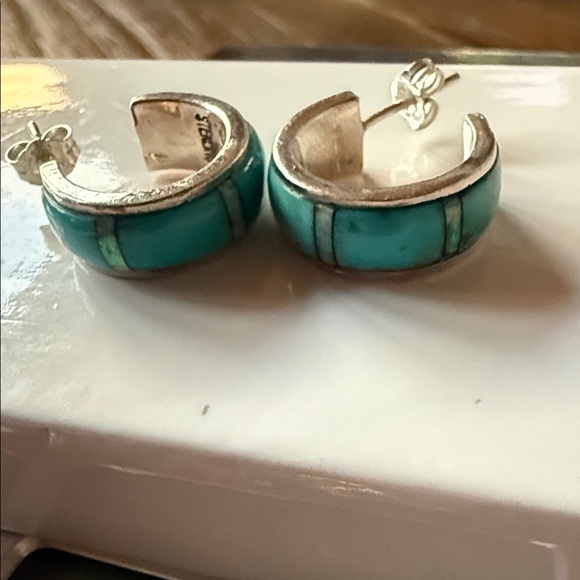 Sterling Silver Jewelry - Silver and Turquoise Hoop Earrings